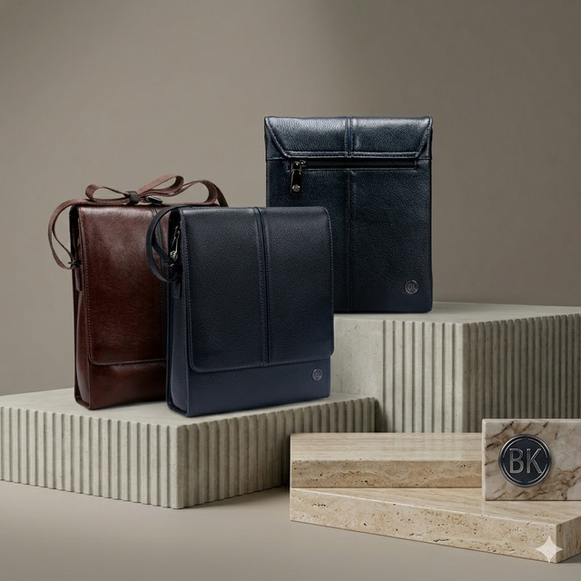 Three leather bags in brown, black, and navy on a textured platform with a neutral background.